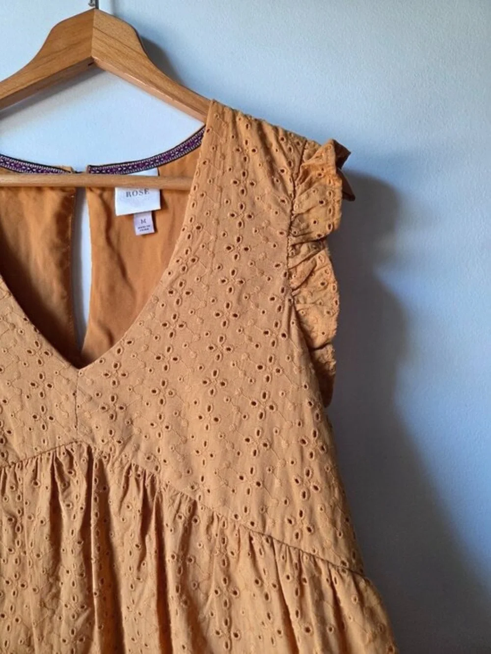 Eyelet V-Neck Flutter Sleeve Dress in Mustard - Picture 4 of 5